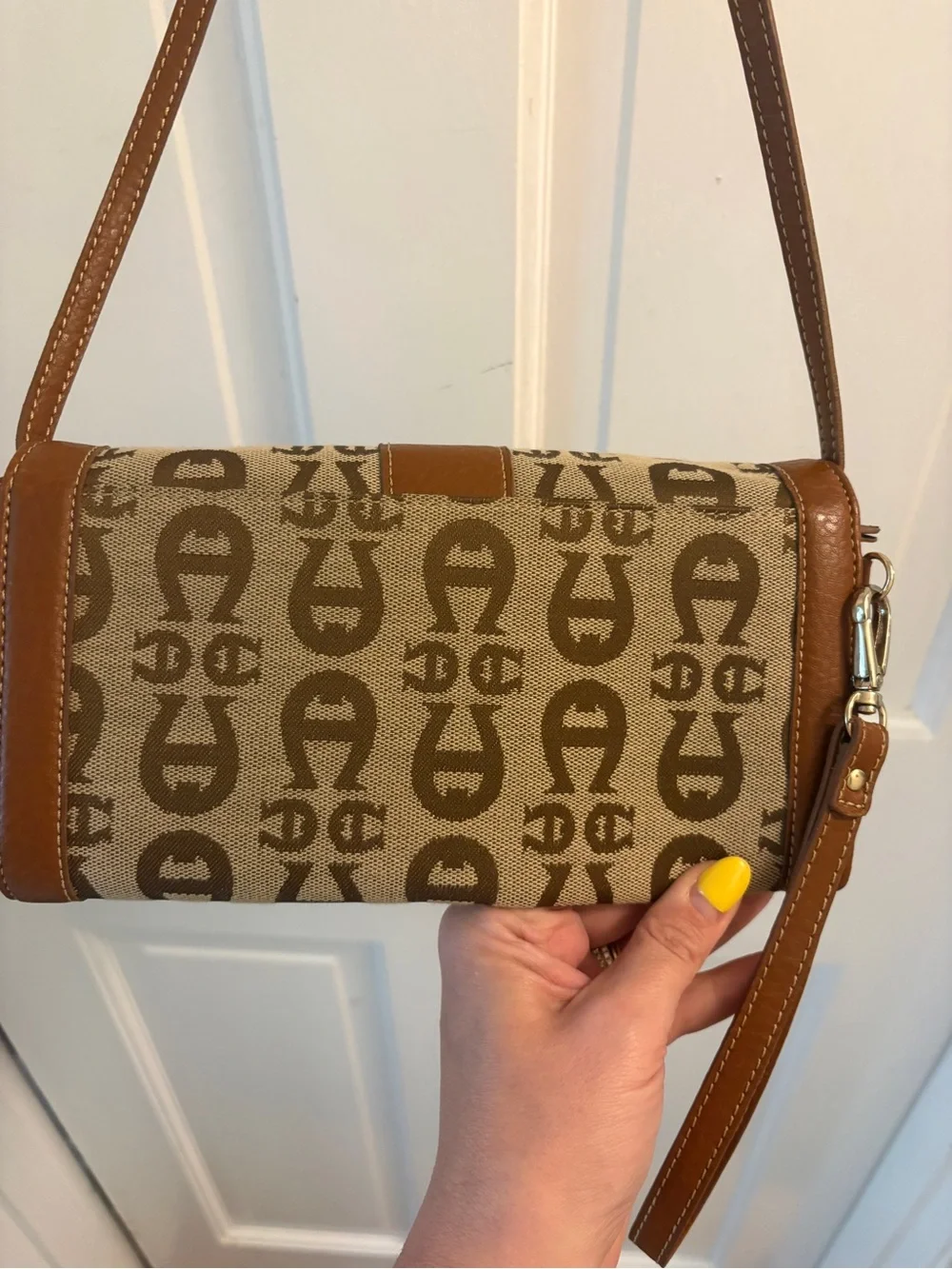 Etienne Aigner Tan and Beige Monogram Crossbody Wallet